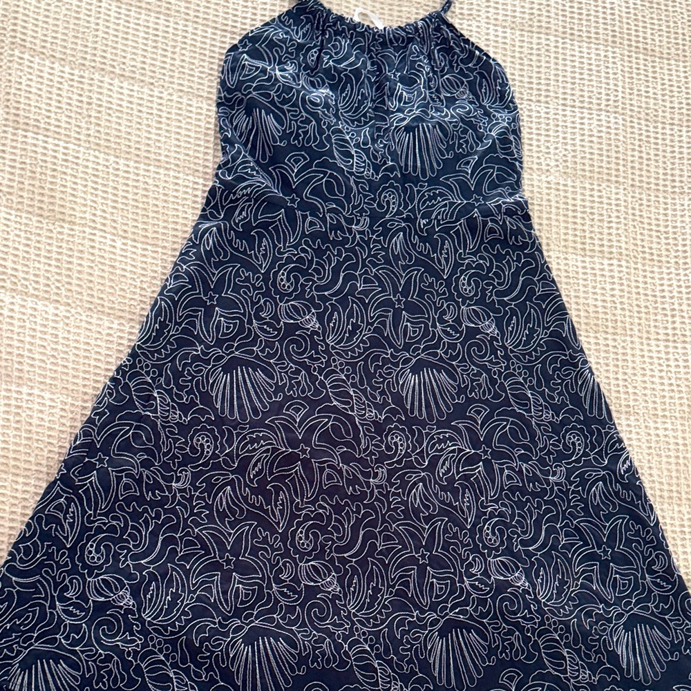 Vineyard Vines embroidered Navy Blue seashell flower Pattern Halter Dress size 6
